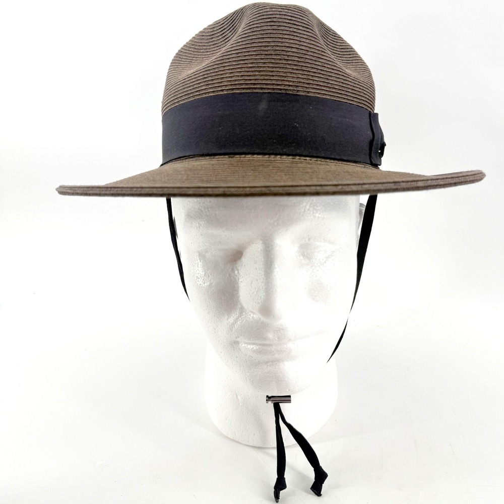 Pineapple & Star Fedora Sun Hat Unisex Small Brown Woven Wide Brim Chin Strap